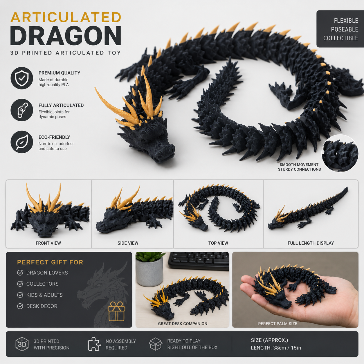 Articulated Dragon 3D Printed Fidget Toy – Black & Gold Flexible Dragon Figure
