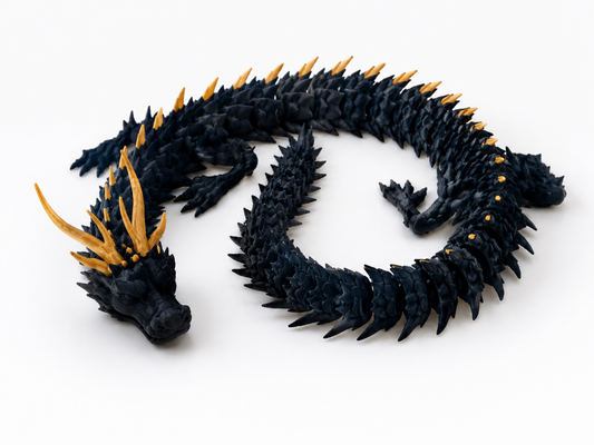 Articulated Dragon 3D Printed Fidget Toy – Black & Gold Flexible Dragon Figure